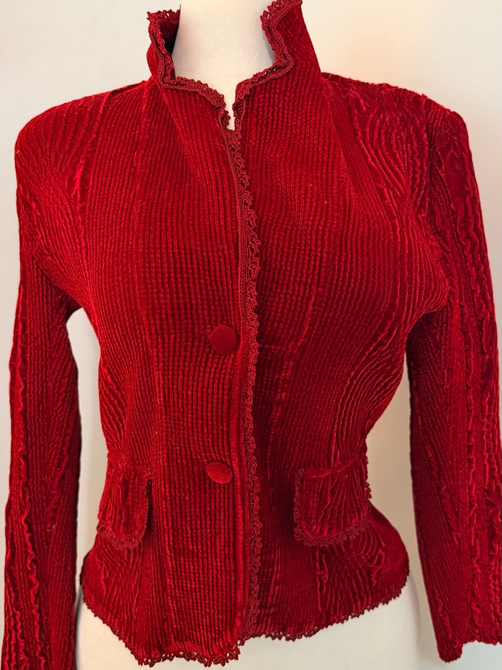 Great Cavalier Red Textured Velvet Fitted Jacket S Romantic Goth Vampire Witchy